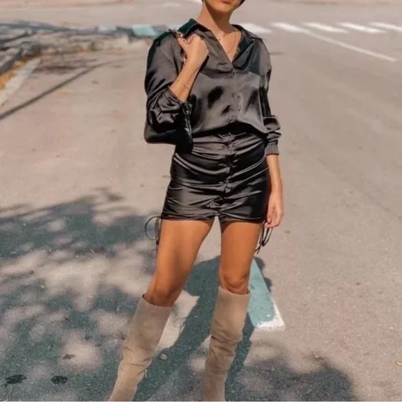 BRAND NEW - Zara Black Draped Ruched Satin Effect Short Shirt Dress - Small - Picture 6 of 11